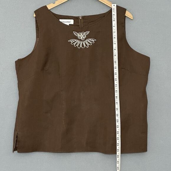 Lino USA Womens Top Plus 1X Brown 100% Linen 2 Piece Embroidered Classic Clasual - Picture 9 of 16